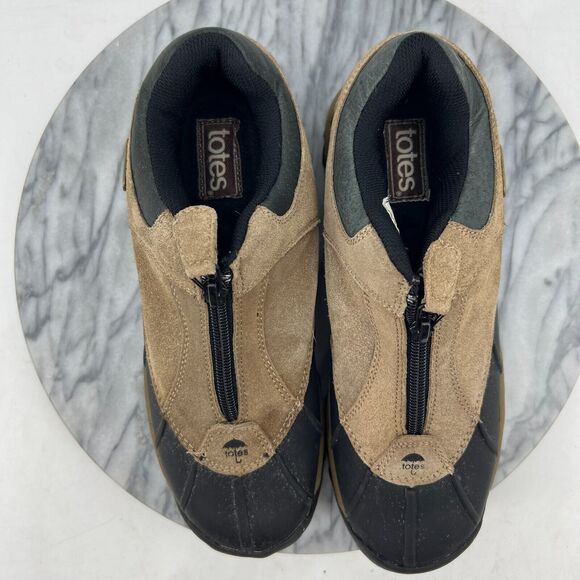 Totes Waterproof Duck Shoes Womens 8 Brown Black Suede Leather Zip Up Low Top - Picture 8 of 11